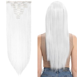 Silk-co 26" 8PCS Hairpiece Clip in Hair Extensions White 100% Synthetic Hair Piece Long Straight for Full Head