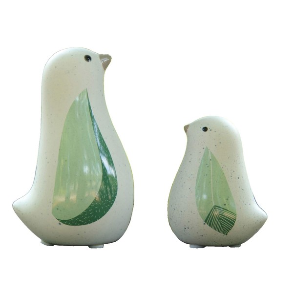 Sitting Bird Figure with Green Leaf Wings Made of Ceramic,