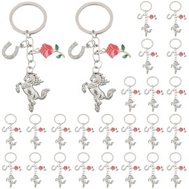 iMagitek 25 Pcs Horse Keychains with Lucky Horseshoe and Rose Charms Western Cowboy Keyring Gifts