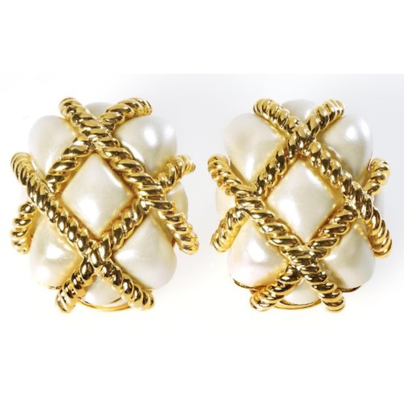 Kenneth Jay Lane Gold Quilted Clip-On Earrings with Enamel