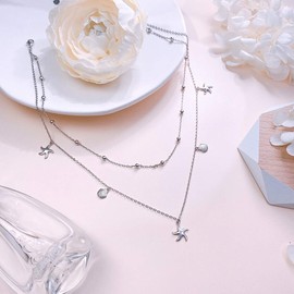 HOOHWE S925 Sterling Silver Starfish Shell Layered Choker Necklace for Women Delicate Chain Jewellery Gifts for Mum, Sterling Silver, No Gemstone