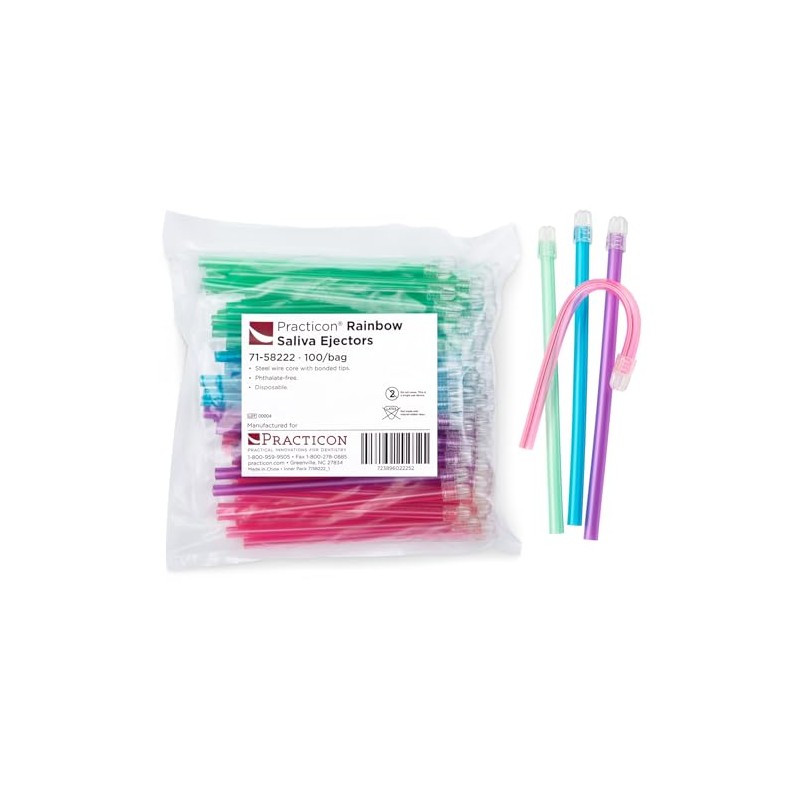 Practicon Rainbow Disposable Saliva Ejectors, 4 Assorted Bright Colors, Dental