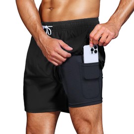 HMIYA Men's 2-in-1 Swimming Trunks, Quick-Drying Short Board Shorts with Compression and Zip Pockets, black