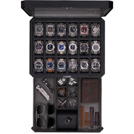 ROTHWELL 18-Slot Watch Case with Drawer – Luxury Watch Box for Men, Real Glass Top, Lockable, Display Case for Collections (Black/Grey)