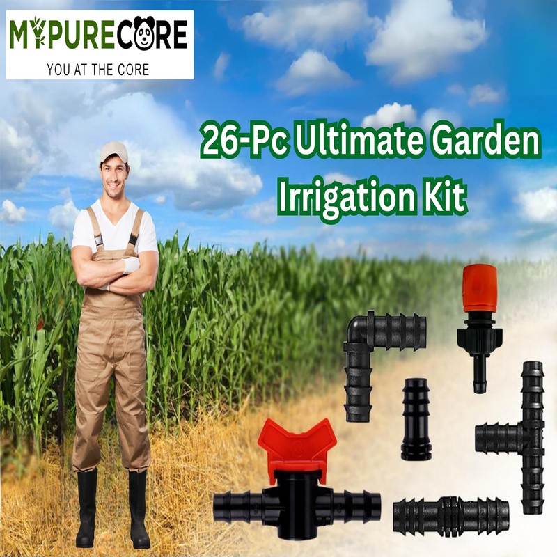 MYPURECORE 26-Pc Ultimate Garden Irrigation Kit: 13mm (1/2) Pipe Connectors,