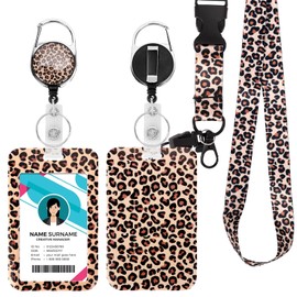 ID Case with Band, ID Badge Holder Breakaway Lanyard for, Retractable Badge Reel, Removable Name Plate Clips, Neck Lanyard Strap, Teacher Office Gifts (Leopard)