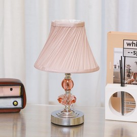 SYLW Small Modern Crystal Bedside Table Lamp, 7 x 7 x 12 Inch Electroplaetd Silver Base Table Lamp for Bedrooms and Office (Pink Pleated Bell Shape Shade)
