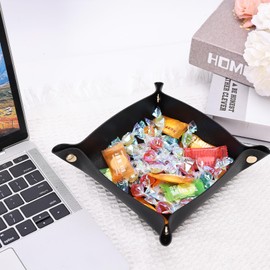 SHENGTIAN 4Pcs 6.7" x 6.7" Leather Jewelry Valet Tray for Women and Man, Portable Entryway Table Tray Small Catchall Travel Dish Plate for Key,Wallet,Watch,Coin,Snacks (Black-A1)