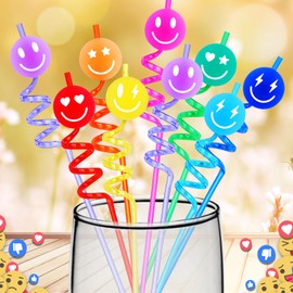 JUNUO 24 Reusable Jelly Smile Straws and 2 Cleaning Brushes,Smile Emoji Theme Birthday Party Supplies Decorations,Suitable For Bachelorette Party Baby Shower