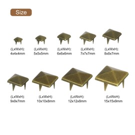 uxcell 90Pcs Square Pyramid Rivets, 4mm,5mm,6mm,7mm,8mm,9mm,10mm,12mm,15mm Four-Jaw Studs Spikes, Copper Punk Rock Nailhead Spots for Clothing (Bronze)