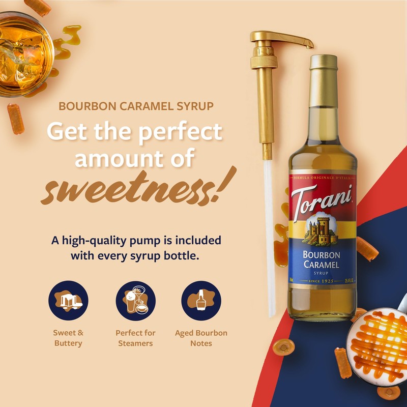 Torani Coffee Syrup, Bourbon Caramel Flavoring for Drinks, Glass Bottle