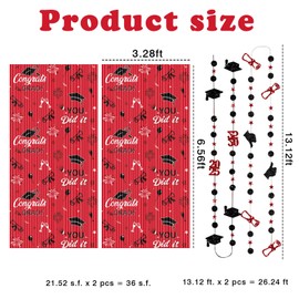 2025 Graduation Decorations 2 Pack Foil Fringe Curtains and 2 Pack Garlands Red and Black Banner Bunting Streamer Backdrop for Graduation Party Supplies