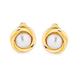 Cable Bezel Set Dome White Simulated Pearl Clip On Earrings For Women Non Pierced Ears 14K Gold Plated