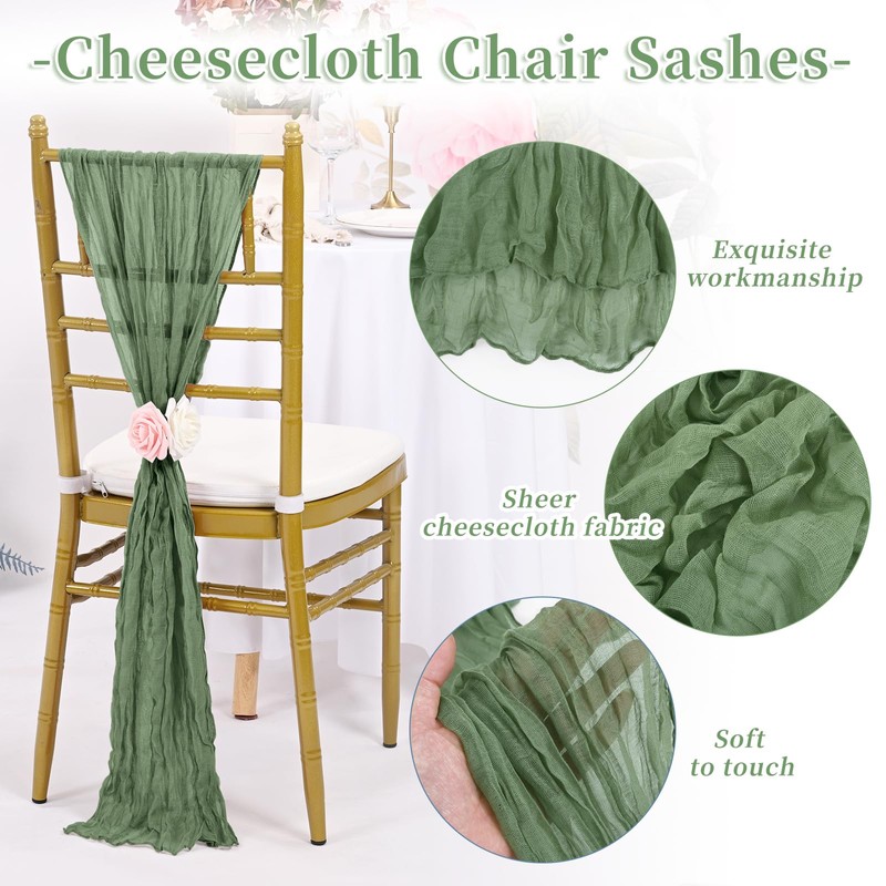 REWOMC 50 PCS Cheesecloth Chair Sashes, 15.7x70 Inch, Sage Green