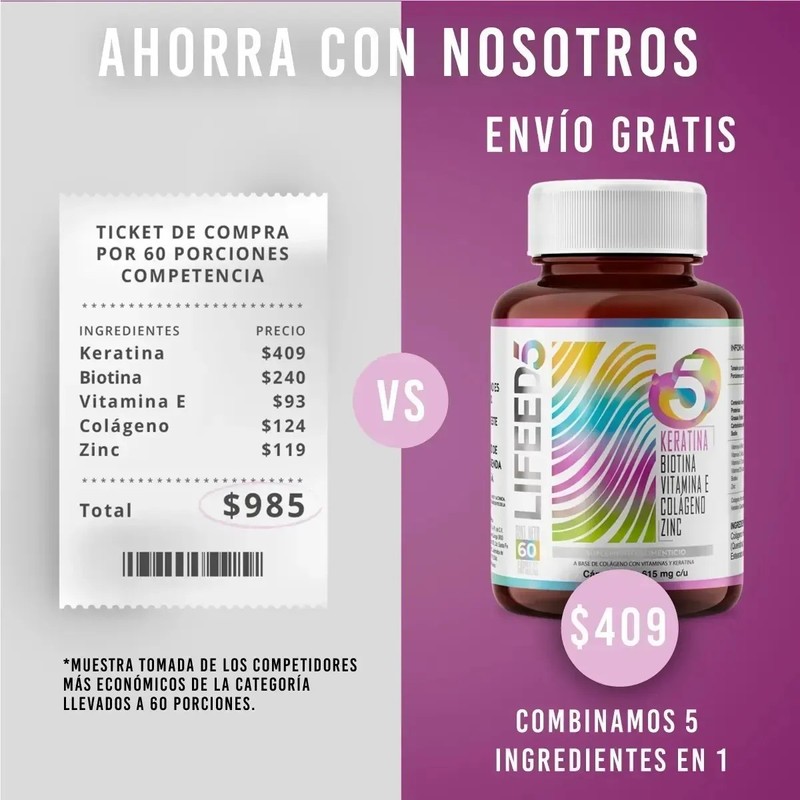 Capsulas Keratina Biotina Colageno Vitamina E Cabello Lifeed Sin Sabor