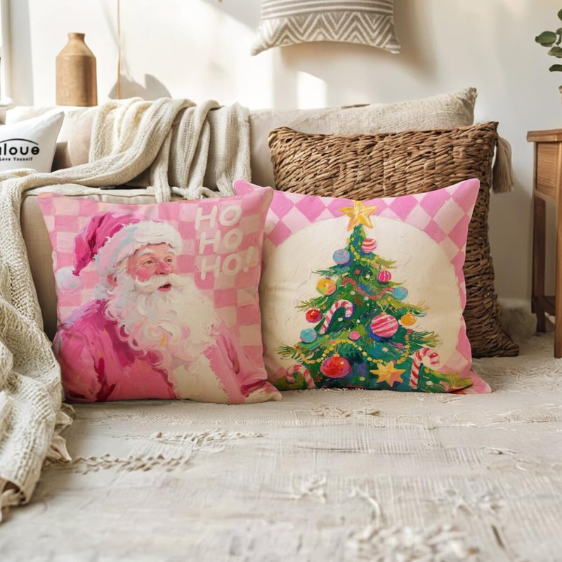Winter Holiday Pink Decorative Throw Pillow Covers Merry Christmas Cushion
