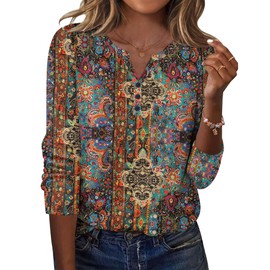 Zeagoo Womens Tops 2025 Trendy Long Sleeve Shirts V Neck Tee Tshirts Boho Floral Clothing