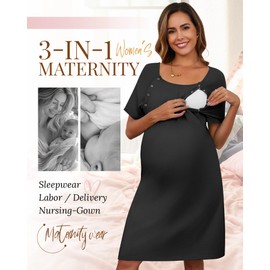 Huukeay 2 Pack Labor Delivery Nursing Hospital Gown Women's 35% Cotton Maternity Birthing Dress 3 In1 Breastfeeding Pajamas(Charcoal Gray,Khaki,Large)