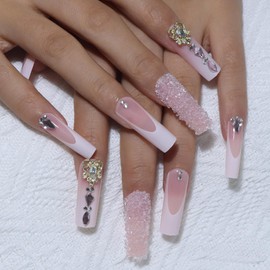 MOTIBACK 12pcs Press on Nails,Long Square False Nails with White French Tip and Pink Rhinestone Designs