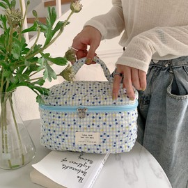 Cotton Makeup Bag Large Travel Cosmetic Bag Quilted Cosmetic Pouch Coquette Aesthetic Floral Toiletry Bag Small Cute Travel Cosmetic Bags for Women Girls (Dots Blue)