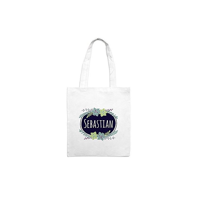 Jute Bag with Name Sebastian - Flowers Motif - White