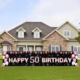 Happy 50th Birthday Banner, Black and Rose Gold Super Large Women 50th Birthday Party Decorations, Outdoor 50 Birthday Banner Backdrop Background Photo Booth for Garden Table Wall Decoration
