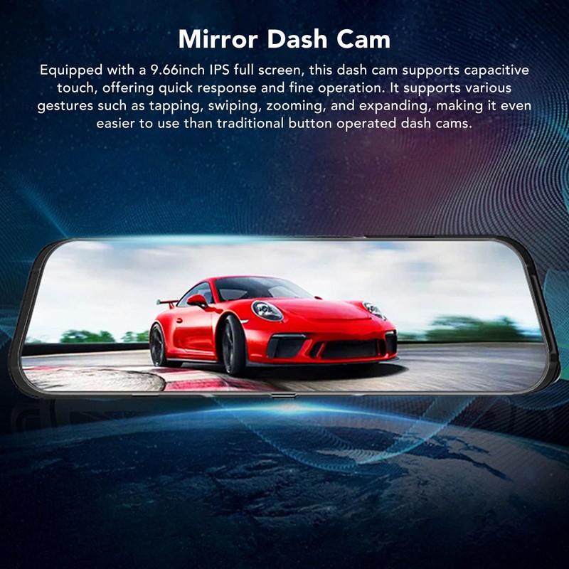 Dash Camera 9.66in Mirror Touch Screen Dual Camera 1080P Wide