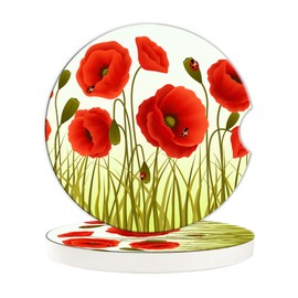 BAMOWEY Absorbent Red Flowers Car Cup Holder Coaster 2 Pack,Ceramic Stone Red Poppy Flowers and Ladybugs Coaster with a Finger Notch for Most Cars Interior