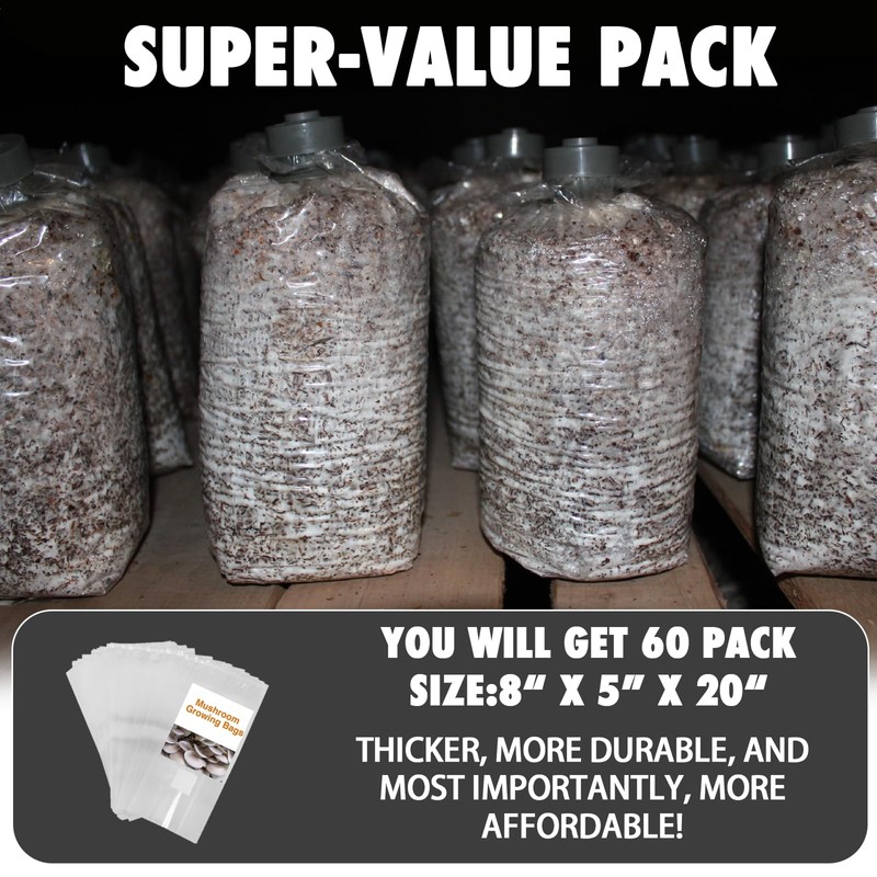 TonGass 60-Pack Autoclavable Mushroom Growing Bag Bulk with Microporous Filter