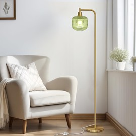 QiMH Glass Floor Lamp for Living Room, Modern Standing Lamp with Ribbed Clear Glass Lampshade Pedal Switch, 67” Tall Lamp for Bedroom Study Room, Brushed Gold (2700K LED Bulb Included)