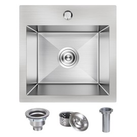 15 x 15 Inch Drop In Kitchen Bar Sink, Stainless Steel Single Bowl Topmount Bar Prep Sink Small Kitchen Sink with Basket Strainer