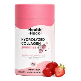 Colágeno Hidrolizado en Gomitas, 1910 mg con 5 Tipos de Colágeno I, II, III, V y X, Ácido Hialurónico, Vitamina C, Zinc y Biotina, Sabor Fresa, Sin Azúcar, 60 Gomitas Health Hack