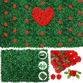 Crowye 62 Pcs Grass Wall Backdrop with Flowers Set Includes 12 Boxwood Panels 16" x 24" and 50 Red Roses Artificial Flowers, Green Grass Wall Decor for Valentines Day Wedding Party DIY Craft