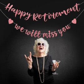 Pre-strung Happy Retirement & We will miss you Banner, Pre-strung on 8 ft Strand Rose Gold Glitter Retirement Party Decorations, Going Away Party Farewell Party Sign and Gifts for Women,Coworker