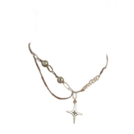 YienDoo North Star Pearl Necklace Choker Asymmetric Pearl Necklace Silver Paper Clip Chain North Star Pendant Chunky Chain Statement Shaped Pearls Nightclub Necklace Jewelry for Women, Metal, No