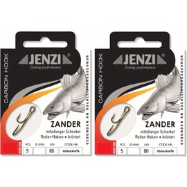 Set: 2 Packs Jenzi Tied Zander Hooks Ryder Hooks (Pack of 10) Mono, 80 cm Zander Leader Mounted Hook Size, 2, 4, 6, 8 + Free Petri Heill! Sticker (Hook Size 4)