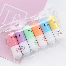 6Pcs Vitamin Pill Pen Cute Emoticons Novelty Capsule Ball Pen Highlighter Cute Mini Smiling Lovely Cartoon Painting Pen Marking Pens Kawaii Stationery School Office Supplies Practical and attractive