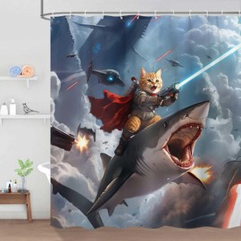 Dizifinn Funny Shower Curtain, Hilarious Cool Cat Shower Curtain, Blue Cool Cat Riding Shark Ocean Wave Shower Curtain for Bathroom, Funny Kids Boy Shower Curtain Sets, with Hooks 72x72 Inch