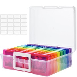Haundry Photo Storage Box with 16 Inner 4" x 6" Photo Case, Portable Storage Organizer with Handle Craft Keeper for Picture, Stickers, Stamps, Screws, Hair Clips, Colored