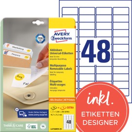 AVERY Zweckform L4736REV-25 Universal Etiketten (1.200 plus 240 Klebeetiketten extra, 45,7x21,2mm auf A4, wieder rückstandsfrei ablösbar/abziehbar, bedruckbar, selbstklebende Aufkleber) 30 Blatt, weiß