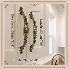 Elistonie 2 Pack Vintage Style Cabinet Handles - 128mm Hole Center Bronze Zinc Alloy Cupboard Handles with Art Pattern