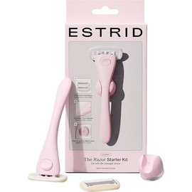 Estrid Razor Starter Set, Women's Razor Set with 5-Blade System, Vegan Moisture Strips, 2 Replacement Small, Wall Mount (Bloom)
