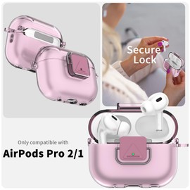 Transparent Case Compatible with Airpods Pro 2/1 (2023/2022/2019), Security Lock, with Cleaning Kit and Keychain, with Rope (Transparent Pink)