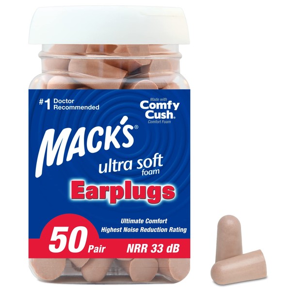 Mack's Ultra Soft Foam Earplugs, 50 Pair - 33dB Highest NRR, Comfortable Ear Plugs for Sleeping, Snoring, Travel, Concerts, Studying, Loud Noise, Work