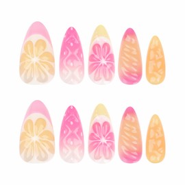BABALAL Press on Nails Medium Almond Fake Nails Pink Yellow French Tip Glue on 3d Texture Orange Lemon Acrylic Nails Cute False Nails Summer Spring Nail Supplies Handmade Stiletto Artificial Nail