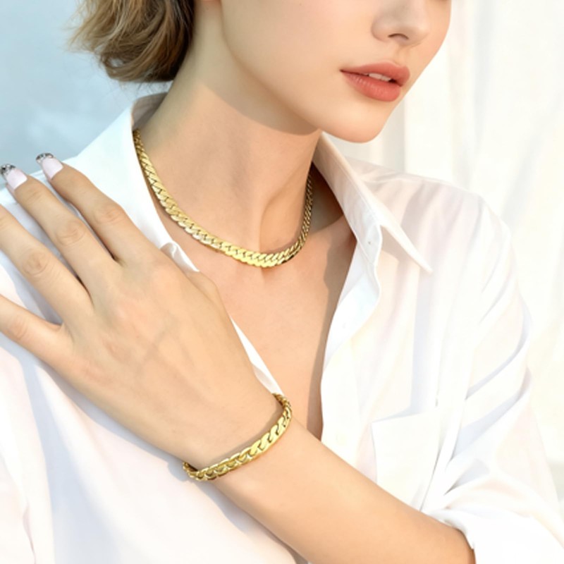 VceTd Chunky Gold Wheat Chain Stainless Steel Necklace and Bracelet