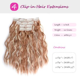 KGBFASS Hair Extension 4pieces Clip in Hair Extensions 12 inch Short Curly Hair Wavy Invisible Lace Women's Natural Soft Hair Pieces Light Brown and Blonde Highlights 120g