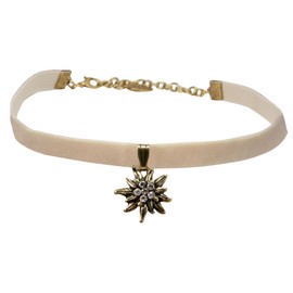 Alpenflüstern DHK240 Costume Velvet Choker Rhinestone Edelweiss Small Antique Gold Colours – Costume Necklace Close-fitting and Narrow, Elastic Choker Necklace, Women's Costume Jewellery, Zinc