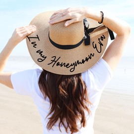 Posh Soiree Honeymoon Beach Sun Hat, Sun Hat for Honeymooning Travel Couples, Retro ‘In myHoneymoon Era' Design, Gift for Bride, Wedding Present, Women’s Sun Hats