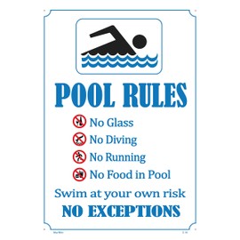 Pool Rules Sign – No Diving, No Glass, No Food, No Running, UV Color & Protection to Last Longer, Rust-Free Heavy Duty Metal 14”x10” 0.04"